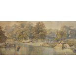 English school, 19th century, a man fishing, watercolour, signed and dated 1874, 32 x 67 cm