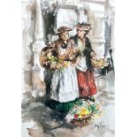 Gordon King (British, b.1939), flower sellers, watercolour, signed lower right, 53 x 36.5 cm