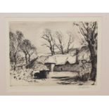 Charles Sidney Cheston (1882-1960), thatched farmhouse in landscape, soft ground etching, signed