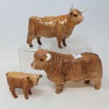 A Beswick highland cow, 1740, highland bull, 2008, matt, and a highland calf, 1827D (3) RB Bull horn