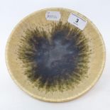 A Ruskin crystalline pottery bowl, internal with striated mottled green glaze, impressed marks and