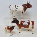 A Beswick Ayshire bull, 1454B, matt, an Ayshire cow, 1350, and an Ayshire calf, 1249B, all boxed (3)