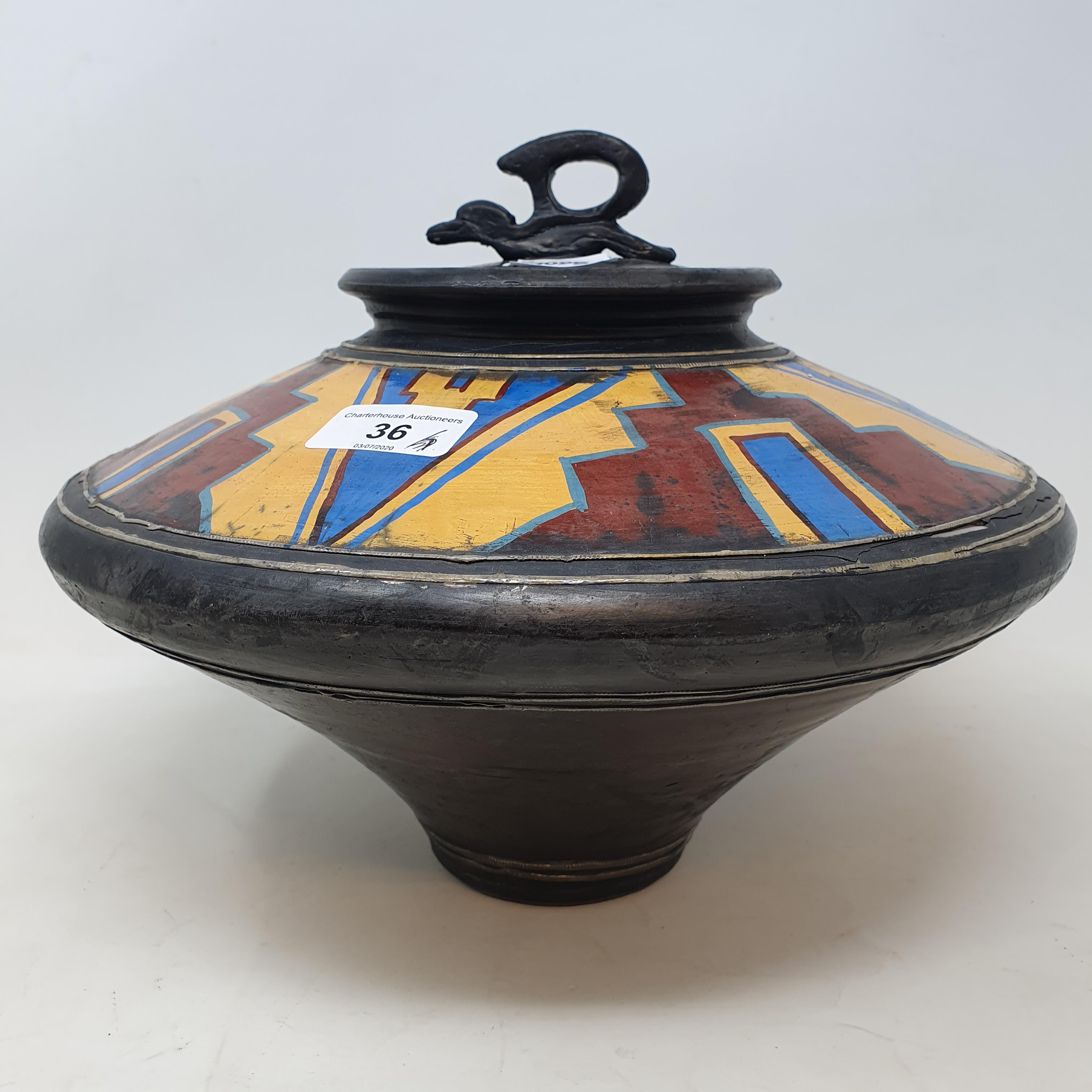 A John Bedding (British, b.1947) large raku jar decorated with a continuous geometric band, - Image 2 of 4