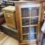 A modern set of pine library steps, 48 cm wide, a pine hanging corner cupboard, an iron bound chest,