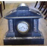 A 19th century polished slate mantle clock an oak and metal bound surveyors tripod and various