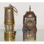 A 19th century brass miner's lamp, a reproduction lantern clock, various other metalwares, and a