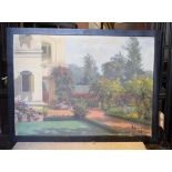 Continental school, mid 20th century, a town house with a formal garden, oil on canvas, indistinctly