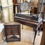 An 18th century style mahogany writing table, 91.5 cm wide, a George III mahogany tea table, for