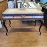 A George III style pedestal desk, 122 cm wide, and an ebonised and amboyna table, 117 cm wide (2)