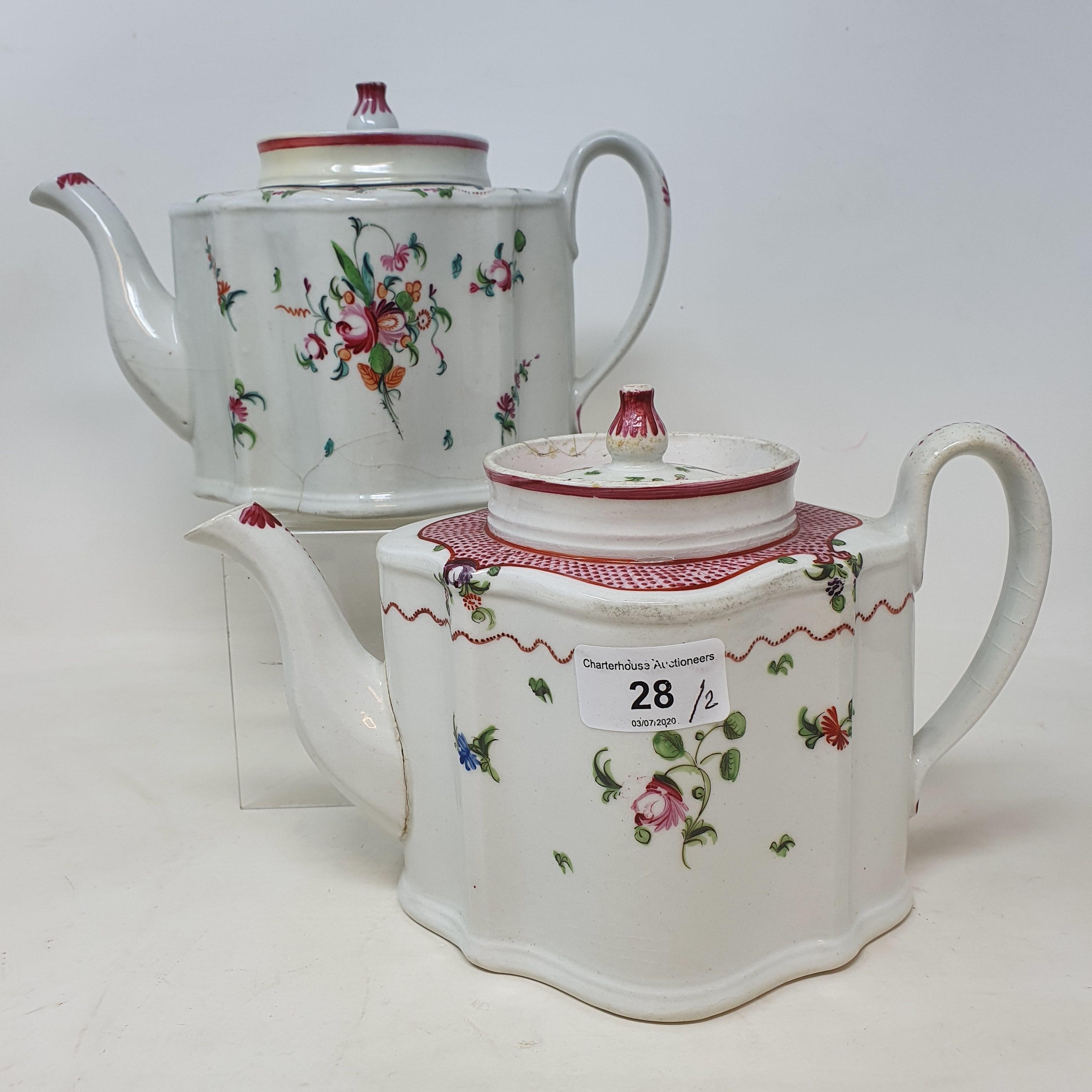 An early 19th century New Hall serpentine teapot decorated sprigs, 16 cm high, and another