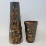 A Japanese horn beaker, with Shibayama style decoration, split, some loss, 14 cm high, and a similar