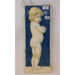 A Della Robia pottery plaque, decorated a child, signed in script D (painted ship) R 14 Morte (?) C,