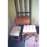 An 18th century style walnut stool, 50 cm wide, another stool, two occasional tables, and a screen/