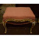 A French style giltwood stool, on cabriole legs, 56 cm wide, removal cost A Report by RB Needs