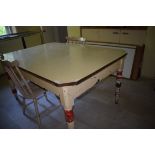 A late Victorian painted pine kitchen table, corners cut, later formica top, 152 cm wide, a