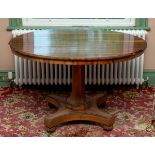 An early Victorian rosewood centre table, the tilt top on an octagonal column and concave sided