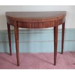 A George III mahogany D shaped card table, on tapering square legs, 94.5 cm wide, removal cost A