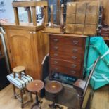 A pine cupboard, a painted metal bound trunk, an early 20th century mahogany chest of five