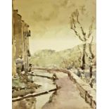 Samuel John Lamorna Birch (1869 -1955) river with houses, watercolour, signed, 26 x 22 cm