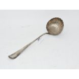 A George III silver old English pattern ladle, with a shell bowl, probably London 1759, approx. 5.