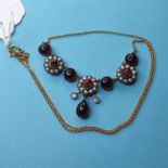 A necklace set with cabochon garnets, square-cut garnets, seed pearls and diamonds, boxed