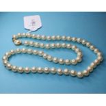 A cultured pearl necklace, with a 14ct gold clasp
