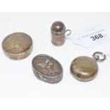 An Edward VII silver sovereign case, Birmingham 1909, two silver pill boxes, and a silver pepperette