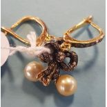 A pair of gold, diamond and cultured pearl drop earrings
