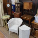 A Lloyd Loom chair, a Lloyd Loom bin, a dwarf longcase clock and other items (8)