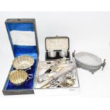 A pair of silver napkin rings, boxed, other small items of silver and silver plate (box)