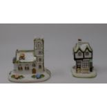 Eight Coalport cottages, a 19th century silver plated goblet, and other ceramics (box)