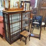 A mahogany display cabinet, a pair of coffee tables, tile top table, and a cheval mirror (5)