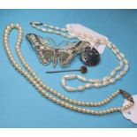 A single row graduated pearl necklace, with a marcasite clasp, another necklace, a Mikimoto box, a