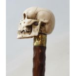 A 19th century naturalistically carved walking cane, with ivory handle, in the form of a skull, with