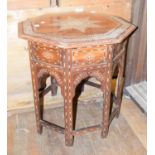 An early 20th century Indian hardwood and ivory inlaid octagonal table, 62 cm wide