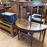 A mahogany demi-lune side table, another, a light oak side cabinet, and a painted box (4)