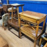 An early 20th century mahogany adjustable piano stool, a pair of yew wood side tables, a pair of