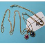 A 9ct gold and sapphire pendant, on a chain, and another pendant on a chain Report by RB Approx. 9.4