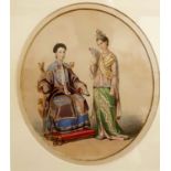 English school, 19th century, portrait of two Chinese ladies, one seated on a throne, watercolour,