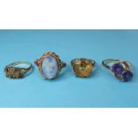 A 9ct gold and opal ring, approx. ring size Q½, and three other rings (4) Report by RB Opal chipped.