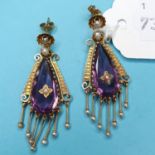 A pair of 15ct gold, amethyst, paste and pearl drop earrings Overall condition good no major