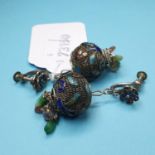 A pair of Chinese silver coloured metal and enamel earrings
