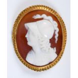 A late 19th century oval hardstone carved cameo brooch, in a yellow coloured metal mount, 4 x 3.5 cm