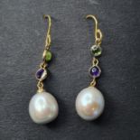 A pair of 9ct gold, peridot, amethyst and pearl drop earrings