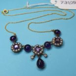 A 9ct gold, silver, amethyst, diamond and pearl necklace