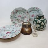 Chinese famille rose plates, other ceramics, clocks and items (2 boxes)