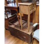 A pine trunk, an oak sewing box, two oak tables, and a wash stand (5)