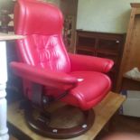 A pine kitchen table, a modern unit, a folding card table and a red leather easy chair and
