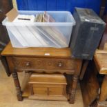 Three gramophones, a large selection of records, and an oak side table