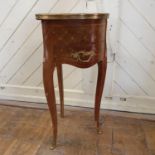 A French inlaid heart shaped table, with a drawer, some veneer missing, 36 cm wide